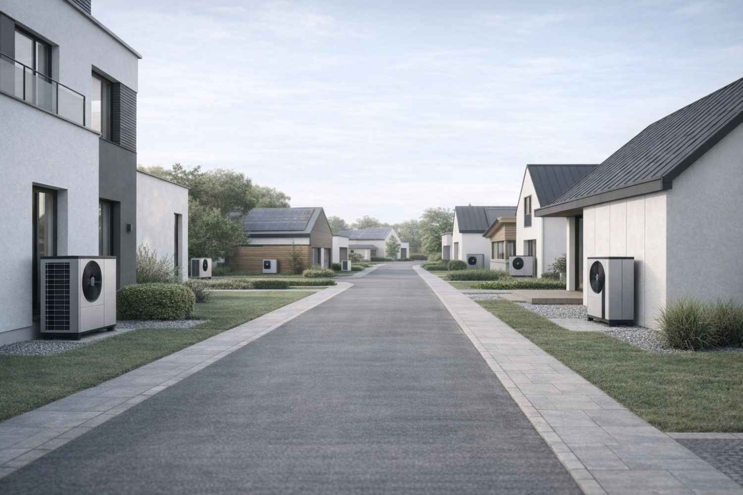 Moderná obytná štvrť s viacerými inštaláciami tepelných čerpadiel